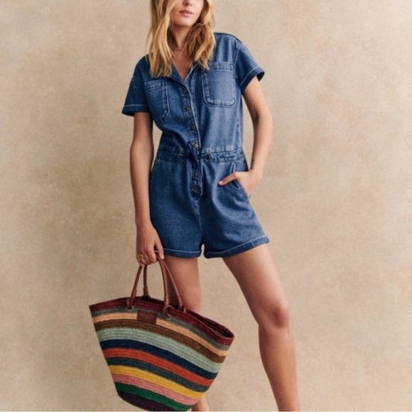 Sezane Pants - Sezane Indigo Denim Short Sleeve Romper
